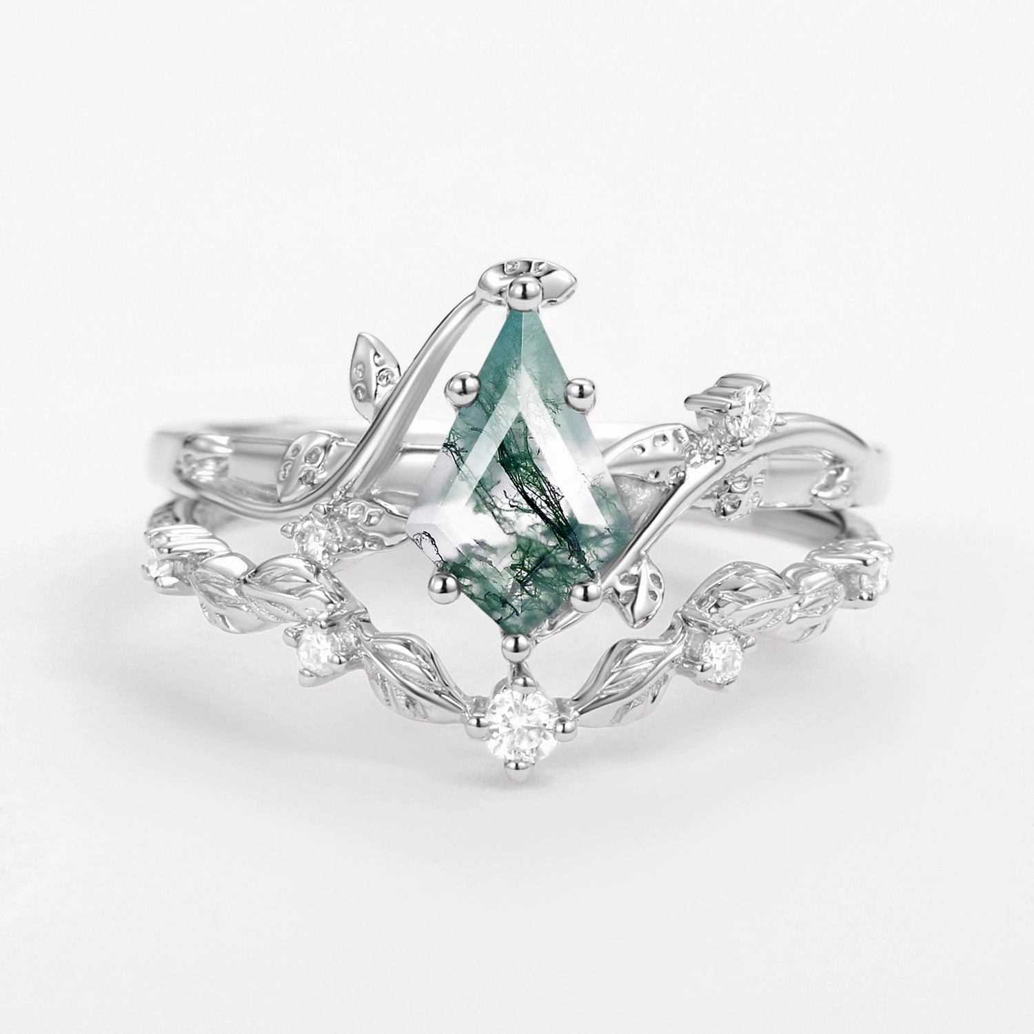 Formal Accessory Vine Leafy Kite Cut Moss Agate Engagement Ring Sets 2pcs - Ashley
