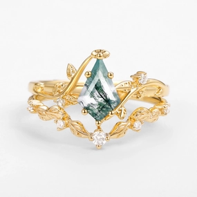 Vine Leafy Kite Cut Moss Agate Engagement Ring Sets 2pcs - Ashley Timeless Glow Trendy Fit