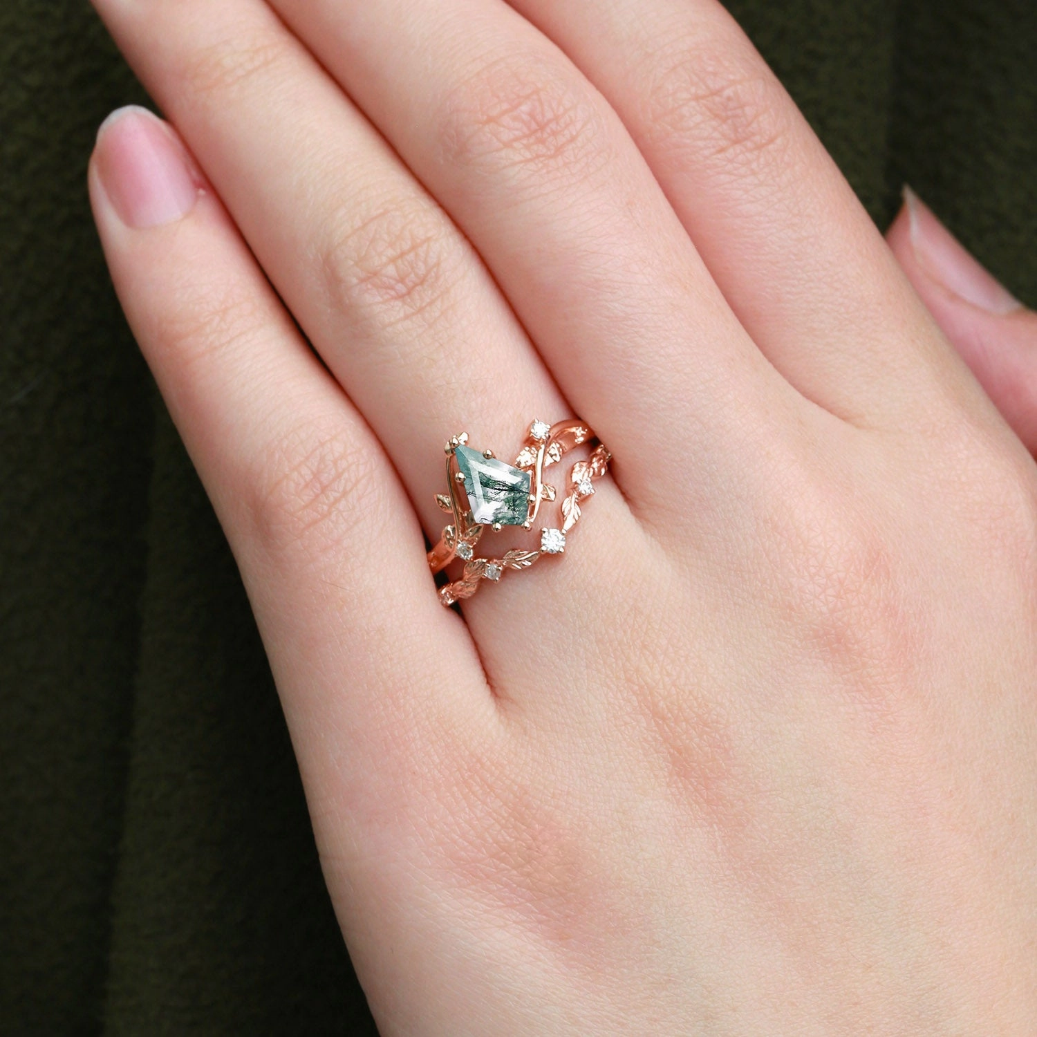 Evening Collection Office Chic Vine Leafy Kite Cut Moss Agate Engagement Ring Sets 2pcs - Ashley