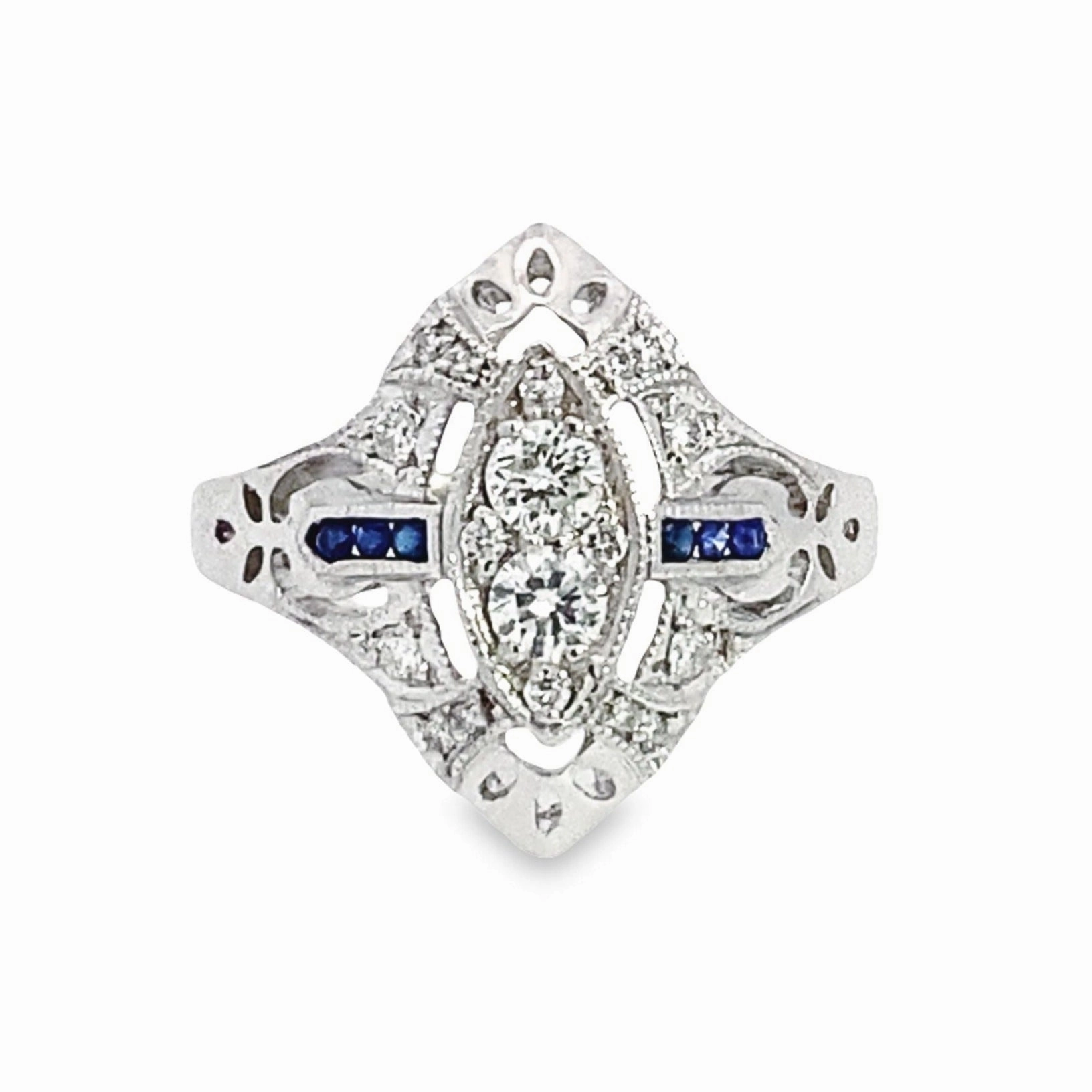 Economical Gift Ornate Mark Vintage 14K White Gold Diamond and Sapphire Ring