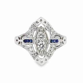 Economical Gift Ornate Mark Vintage 14K White Gold Diamond and Sapphire Ring