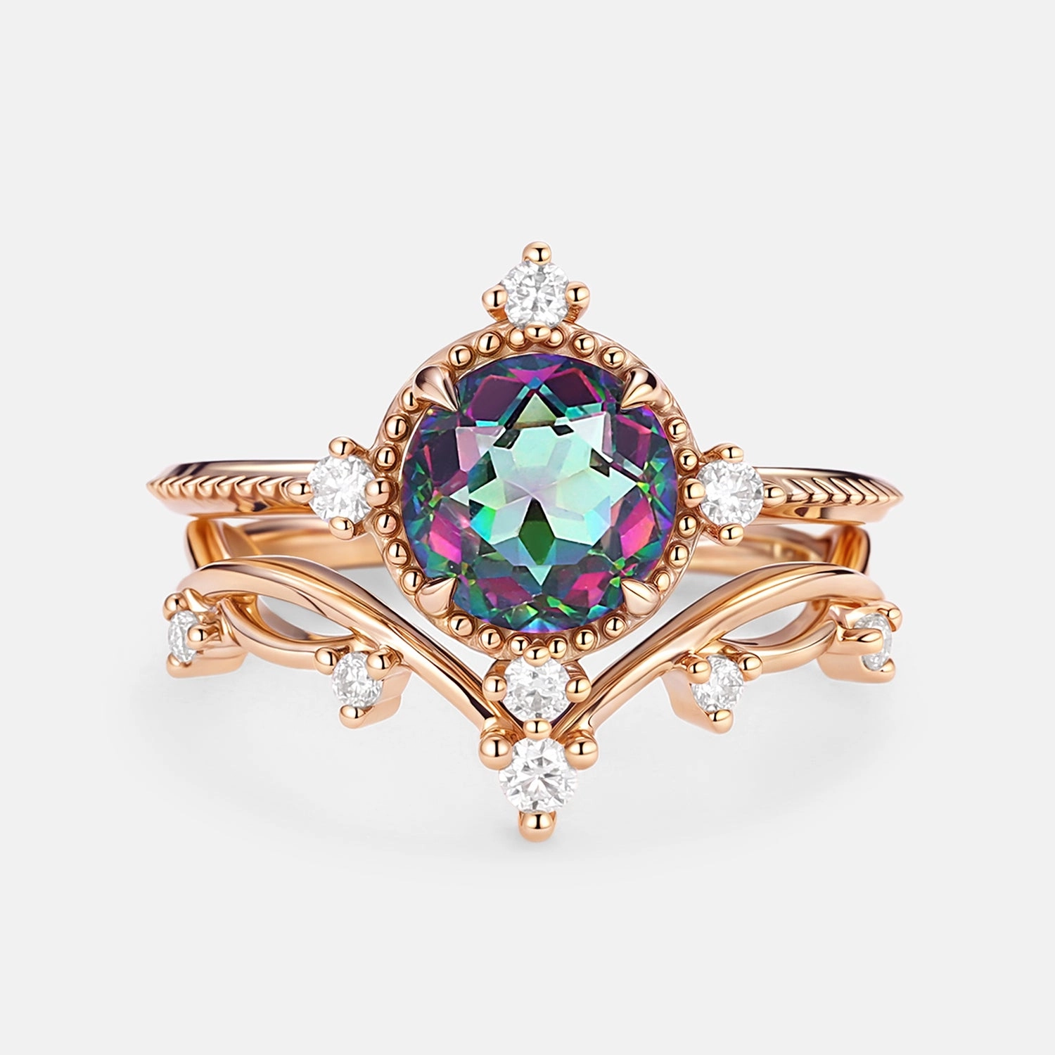 Vintage Inspired Mystic Topaz & Moissanite Ring Set - Prismia Luxe Glow Enduring Shine