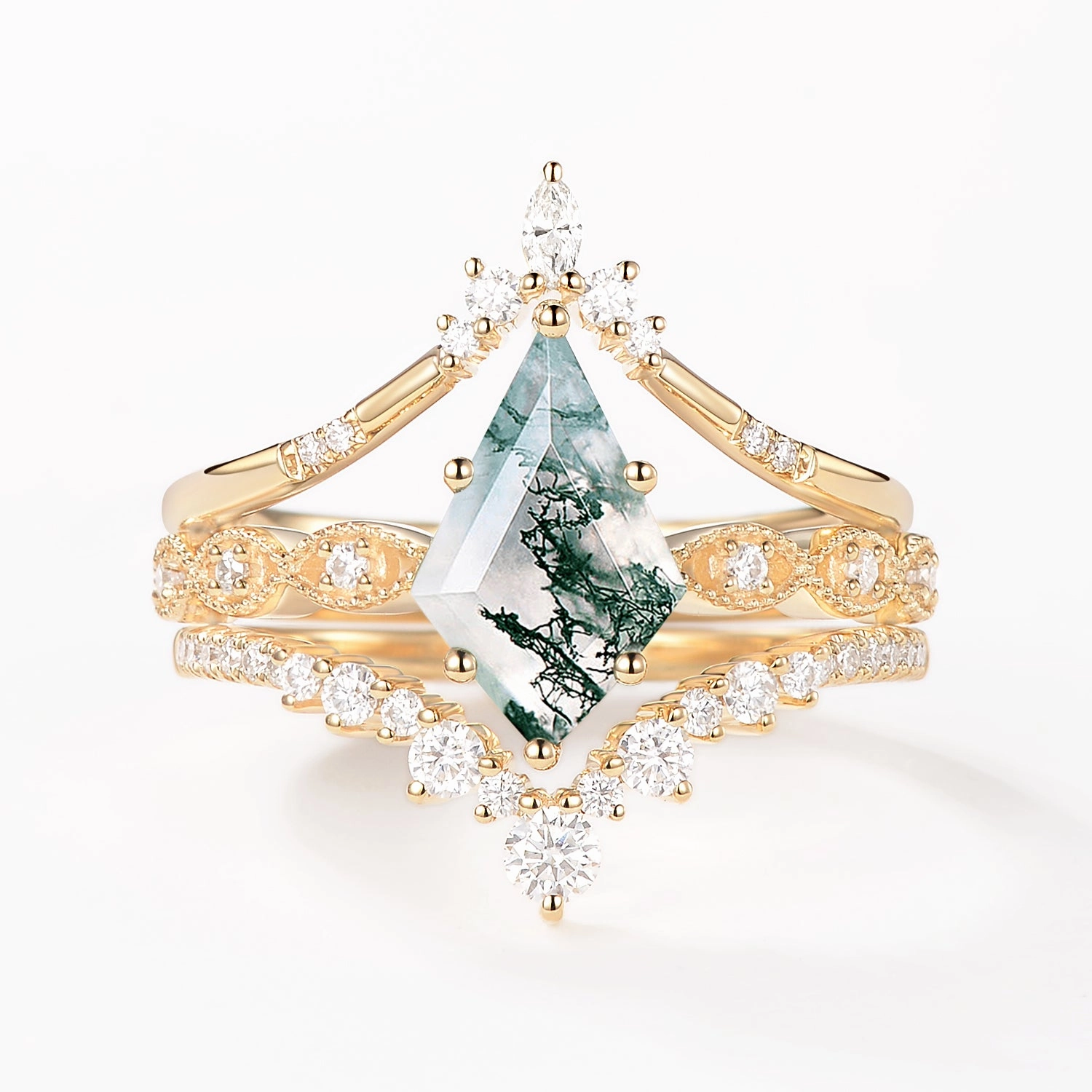 Vintage Kite Cut Moss Agate Engagement Ring Set 3pcs Modern Glam