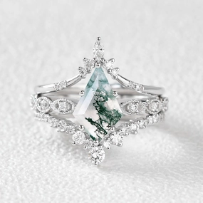 Premium Finish Natural Sparkle Vintage Kite Cut Moss Agate Engagement Ring Set 3pcs