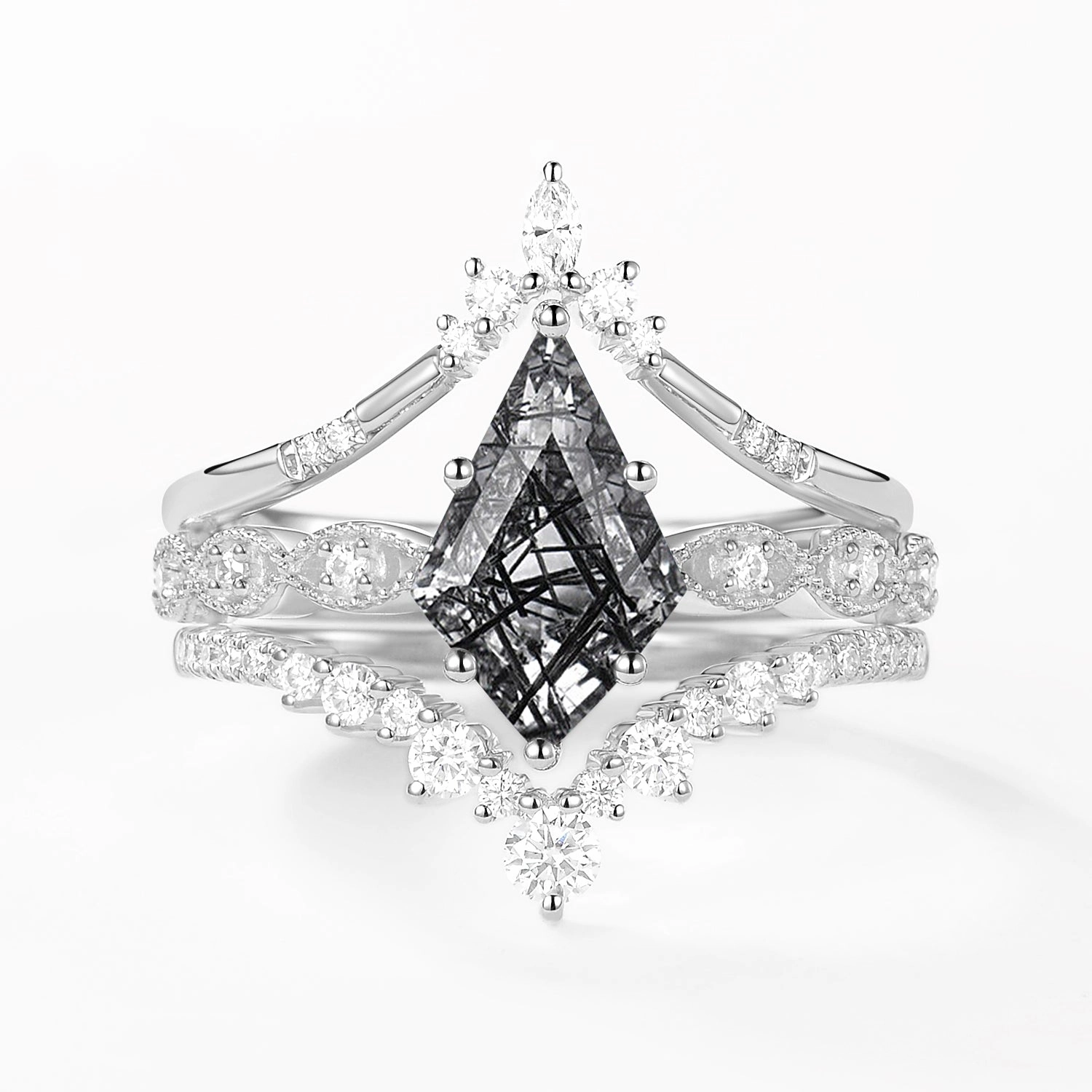 Photo Ready Sparkling Shine Vintage Kite Cut Moss Agate Engagement Ring Set 3pcs