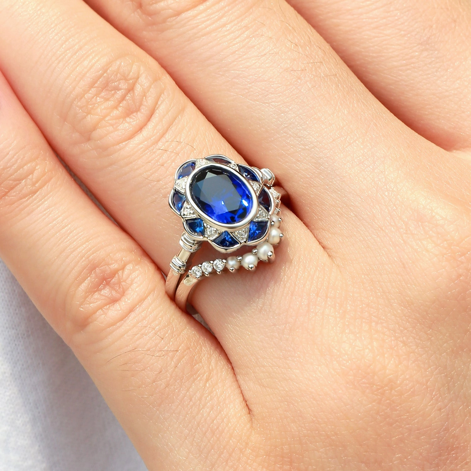 Vintage Lab Sapphire Oval Cut White Gold Ring Sets 2PCS Weekend Outfit