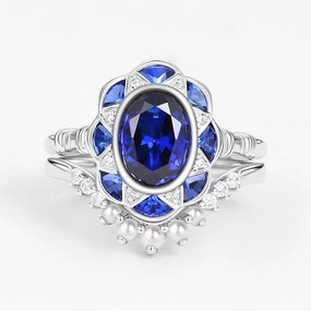 Vintage Lab Sapphire Oval Cut White Gold Ring Sets 2PCS Daywear Fit Polished Pieces