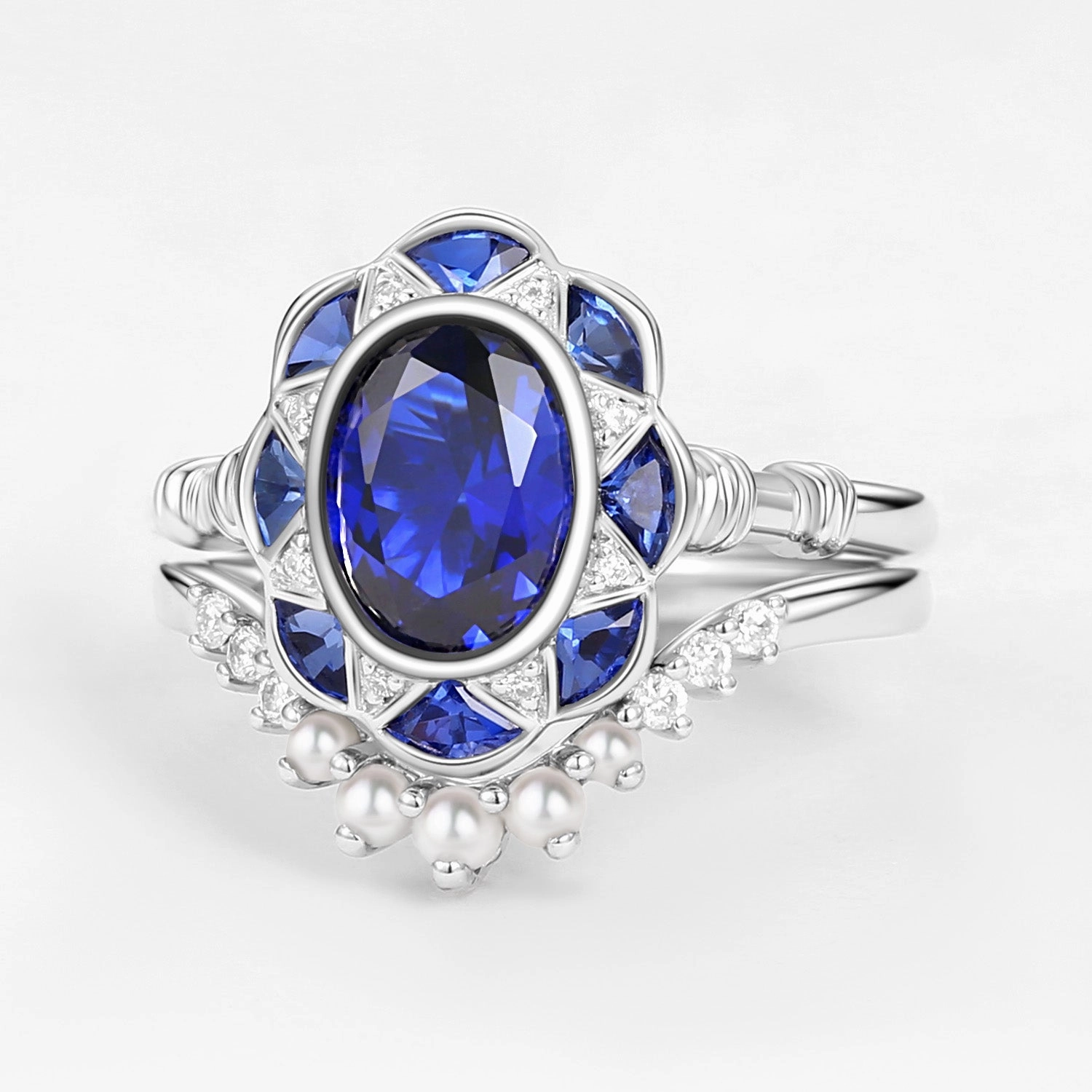 Vintage Lab Sapphire Oval Cut White Gold Ring Sets 2PCS Sophisticated Design