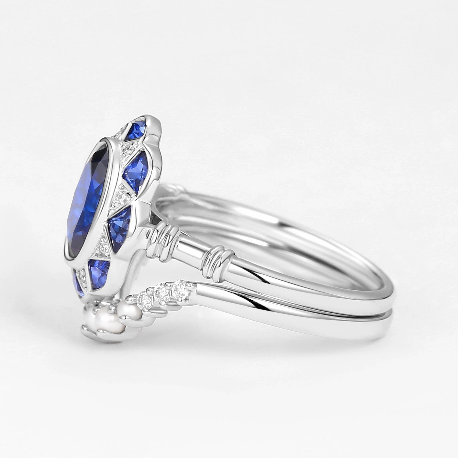Silken Touch Vintage Lab Sapphire Oval Cut White Gold Ring Sets 2PCS