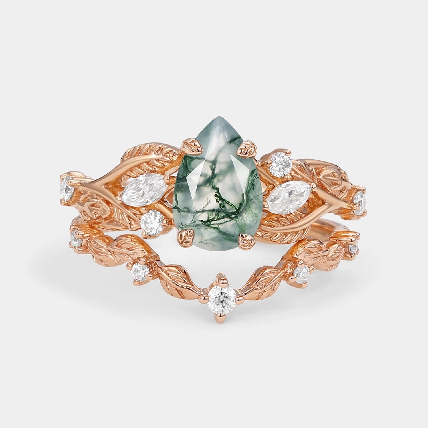 Distinctive Finish Distinctive Shine Vintage Leafy Pear Cut Moss Agate Engagement Ring Sets 2pcs