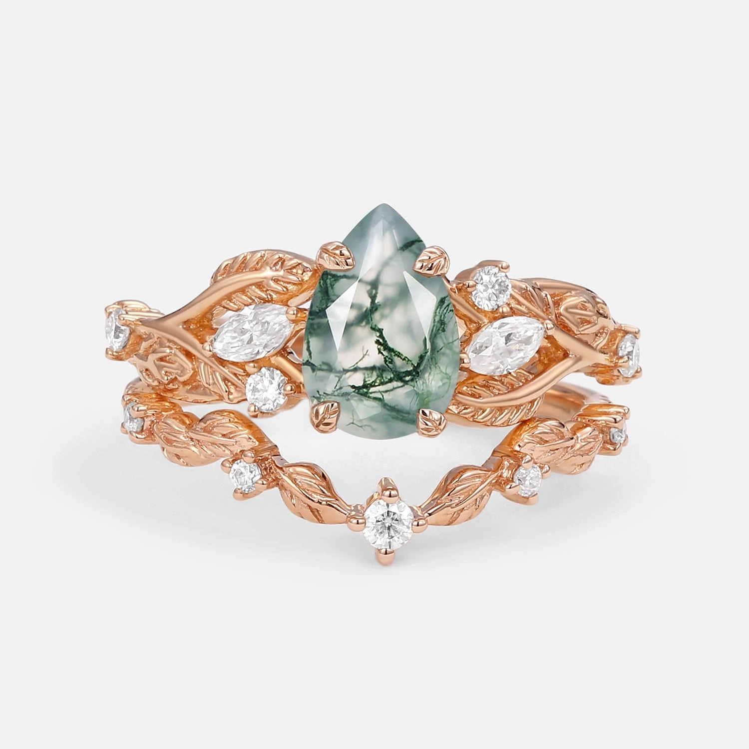 Luminous Glow Vintage Leafy Pear Cut Moss Agate Engagement Ring Sets 2pcs