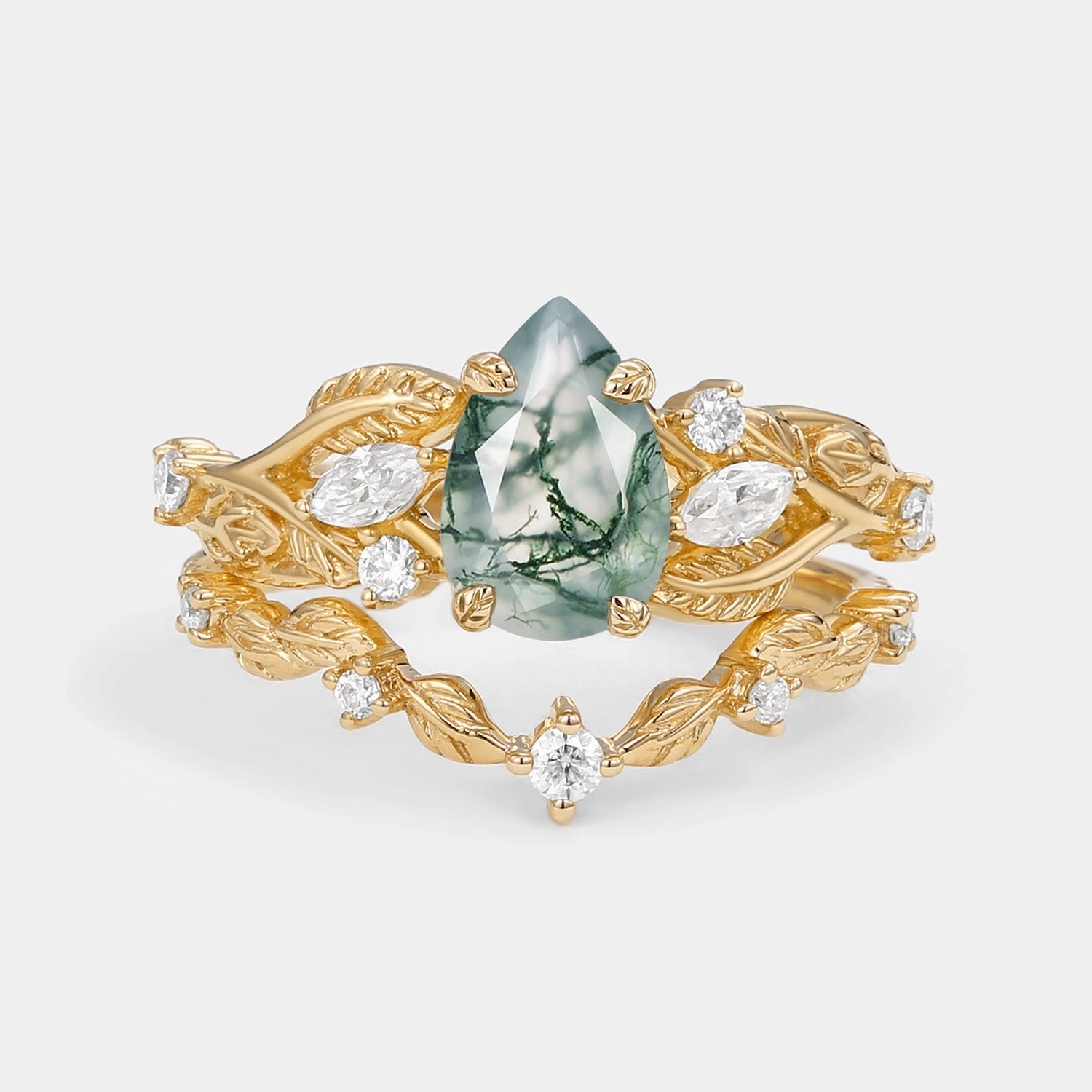 Festive Style Vintage Leafy Pear Cut Moss Agate Engagement Ring Sets 2pcs