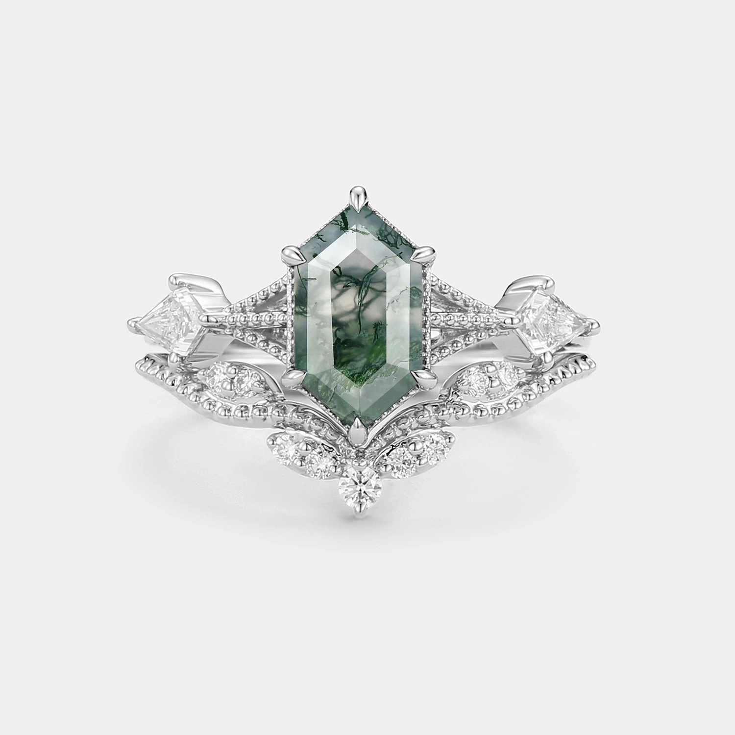 Vintage Long Hexagon Moss Agate Engagement Ring Set 2pcs Trendy Gift