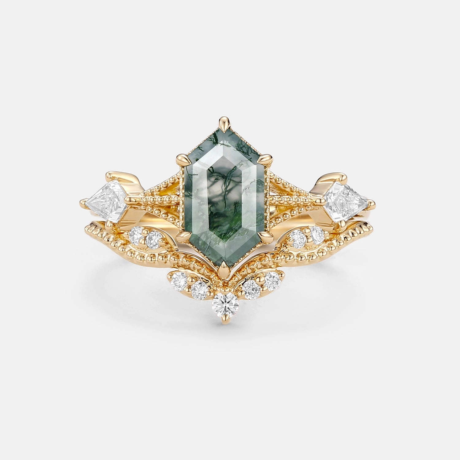 Vintage Long Hexagon Moss Agate Engagement Ring Set 2pcs Clean Aesthetic Soft Contrast