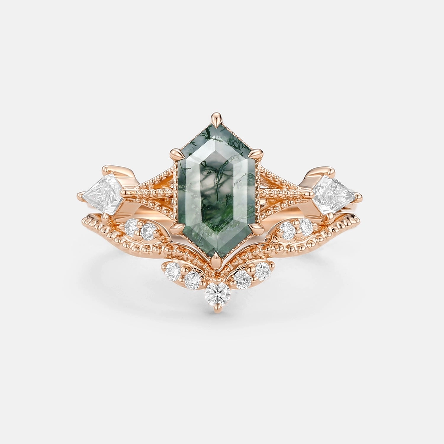 Bold Statement Vintage Long Hexagon Moss Agate Engagement Ring Set 2pcs