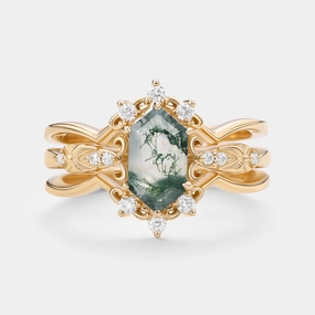 Vintage Long Hexagon Moss Agate Moissanite  Ring Set 2pcs Soft Match Delicate Frame