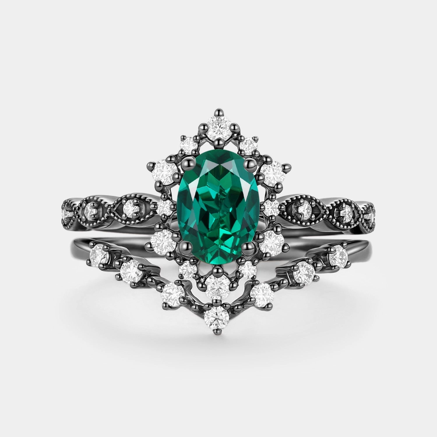 Natural Look Vintage Oval Cut Lab Emerald Engagement Ring Sets 2pcs