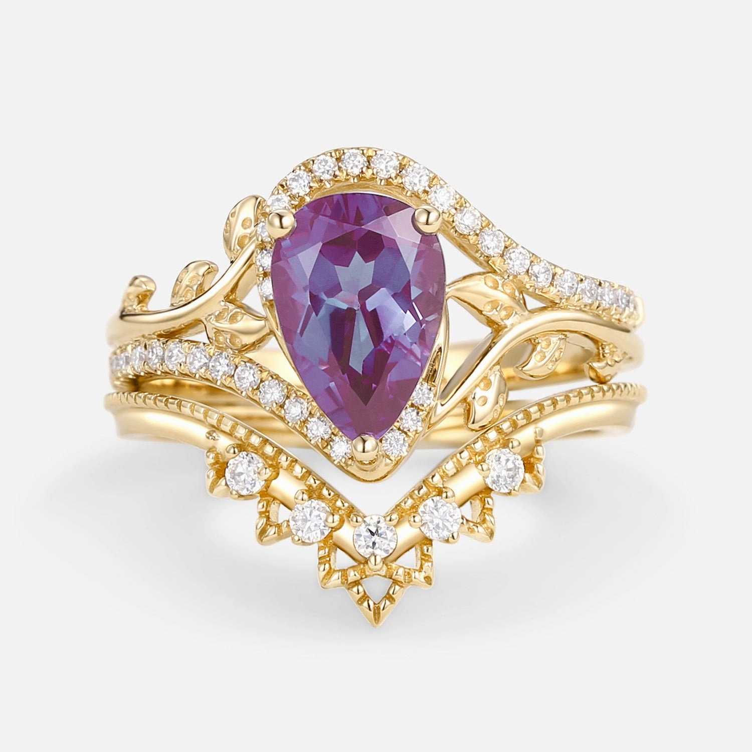 Trendy Gifts Shining Detail Vintage Pear Cut Alexandrite & Moissanite Leafy Ring Set 2pcs - Theia