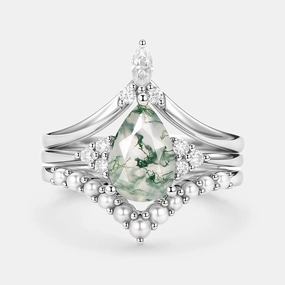 Vintage Pear Shaped Moss Agate Engagement Ring Set 3pcs Classic Shine
