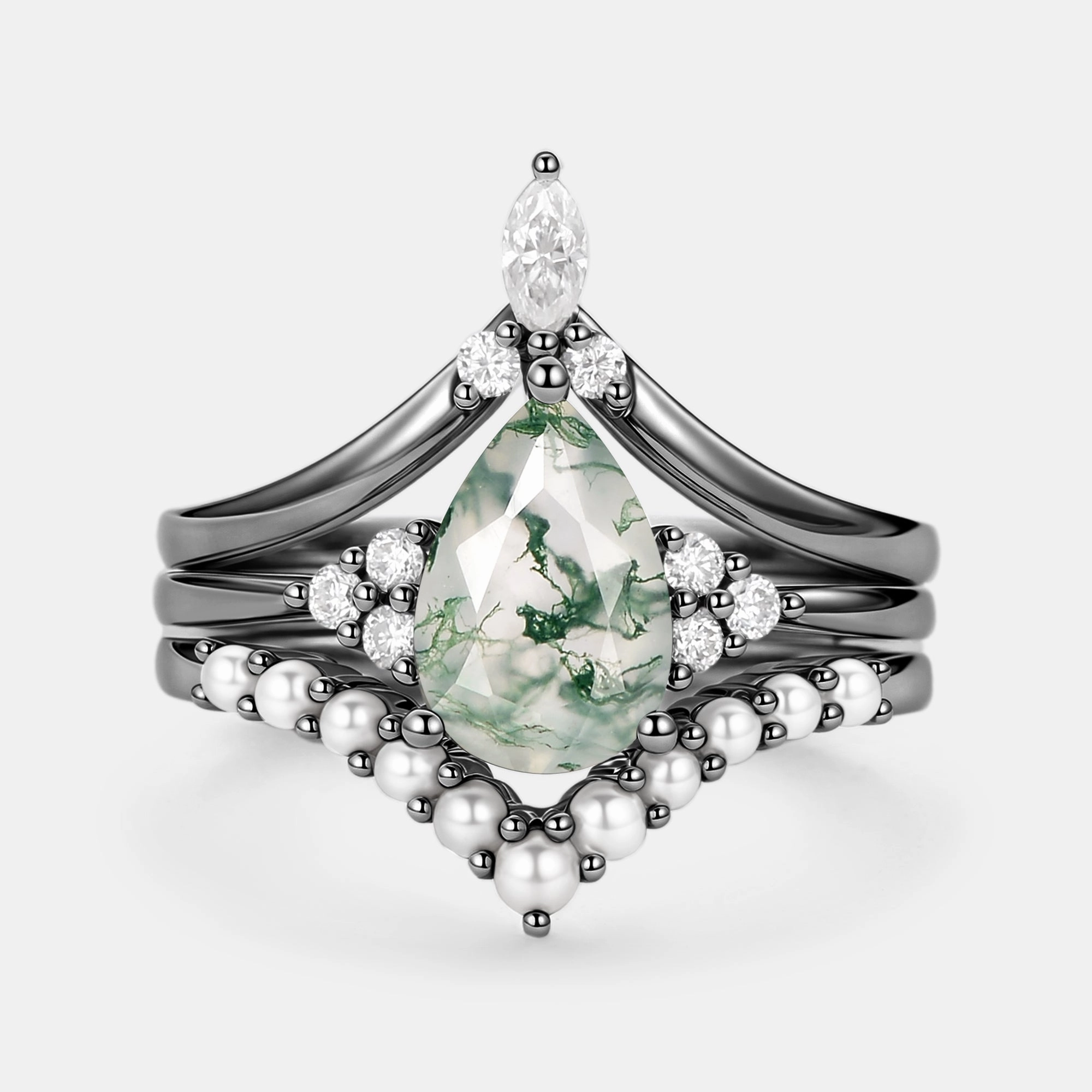 Party Style Vintage Pear Shaped Moss Agate Engagement Ring Set 3pcs