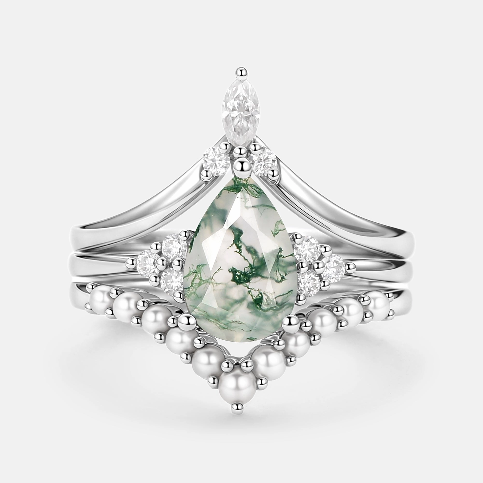 Vintage Pear Shaped Moss Agate Engagement Ring Set 3pcs Classic Shine