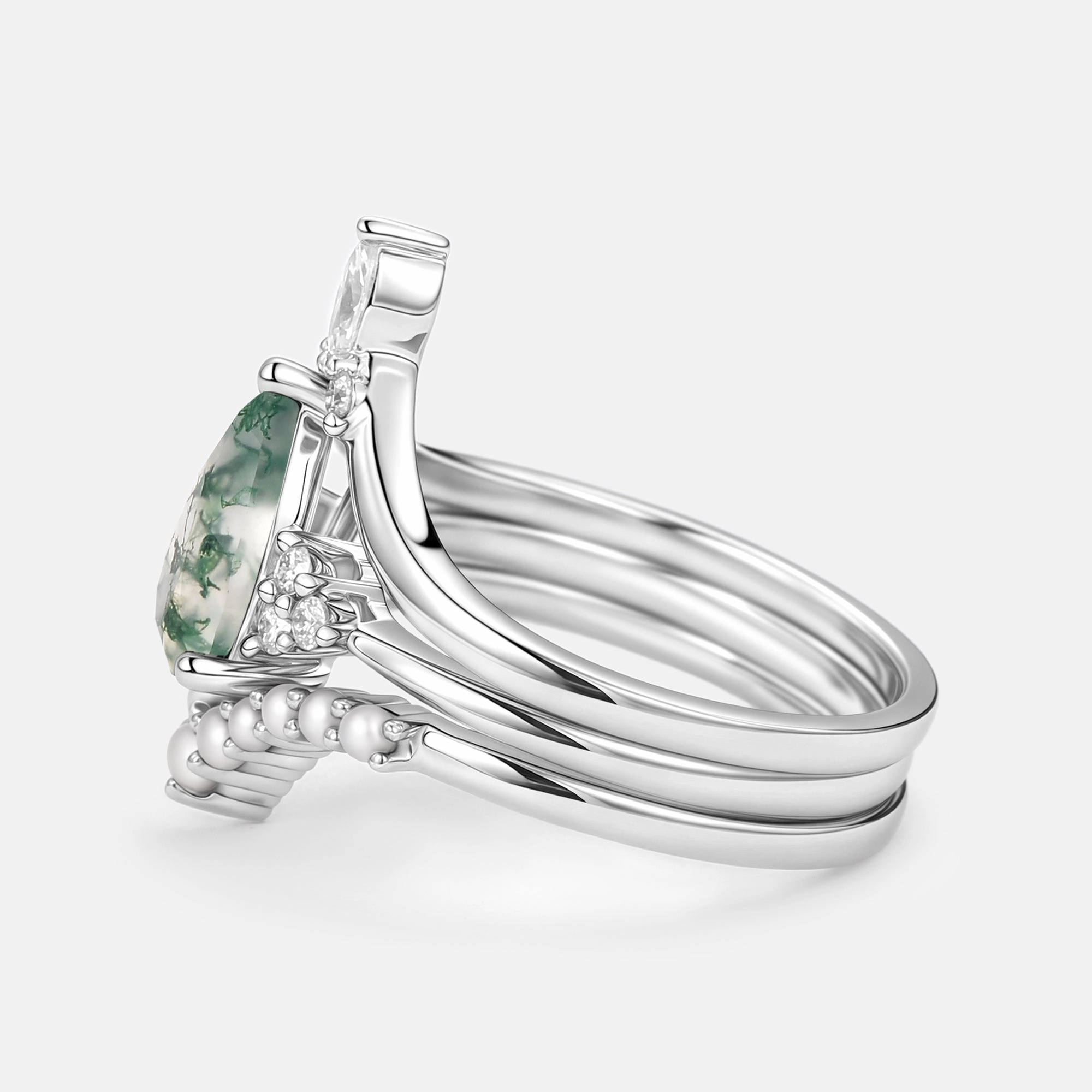 Soft Features Vintage Pear Shaped Moss Agate Engagement Ring Set 3pcs