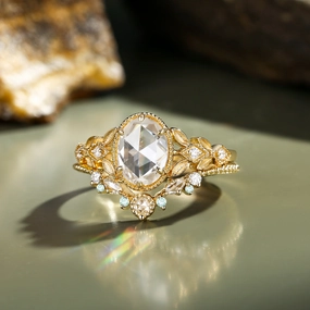 Glamorous Appeal Elegant Embellishments Vintage Rose Cut Oval Moissanite Leafy Gold Ring Set 2pcs - Selene