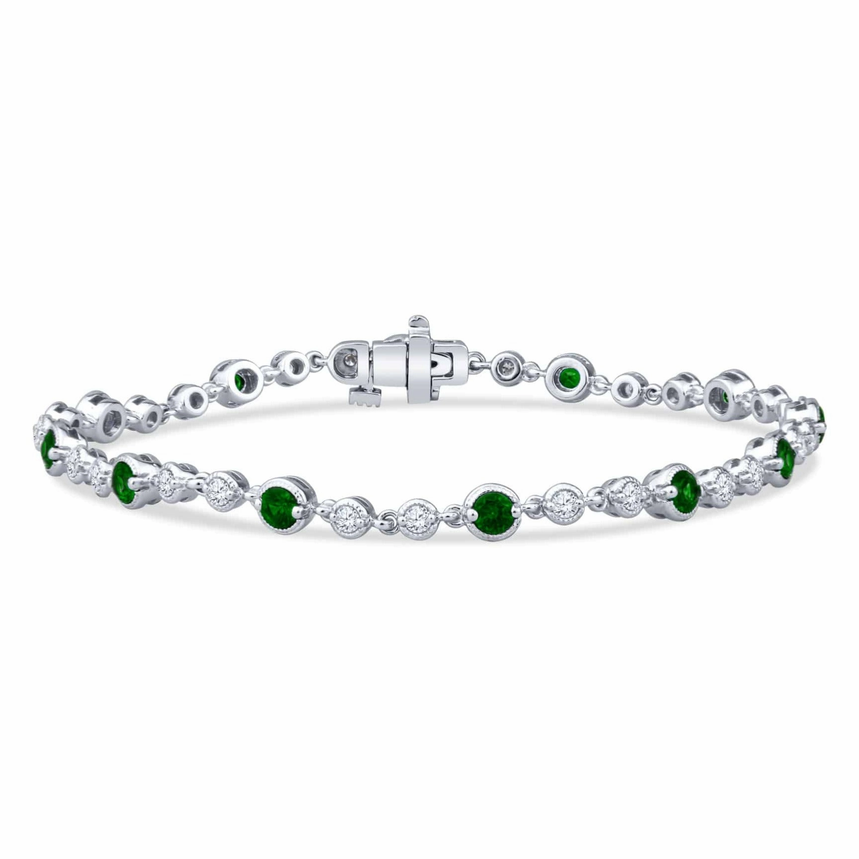 Vintage Style Milgrain Alternating Round Bezel Set Emerald and Diamonds Bracelet Practical Use