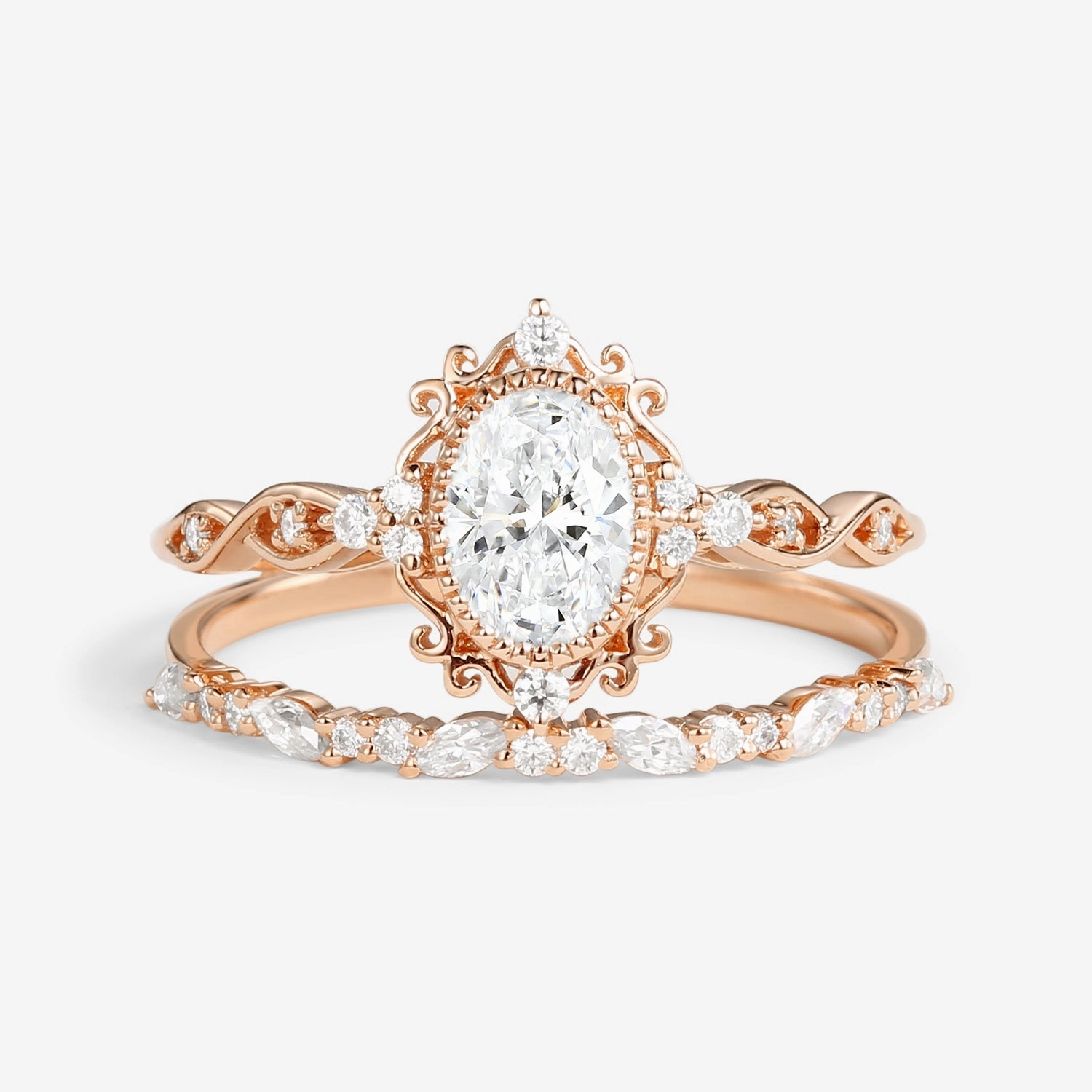 Radiant Charm Vintage Victorian Oval Lab Grown Diamond Ring Set 2pcs - Margaret