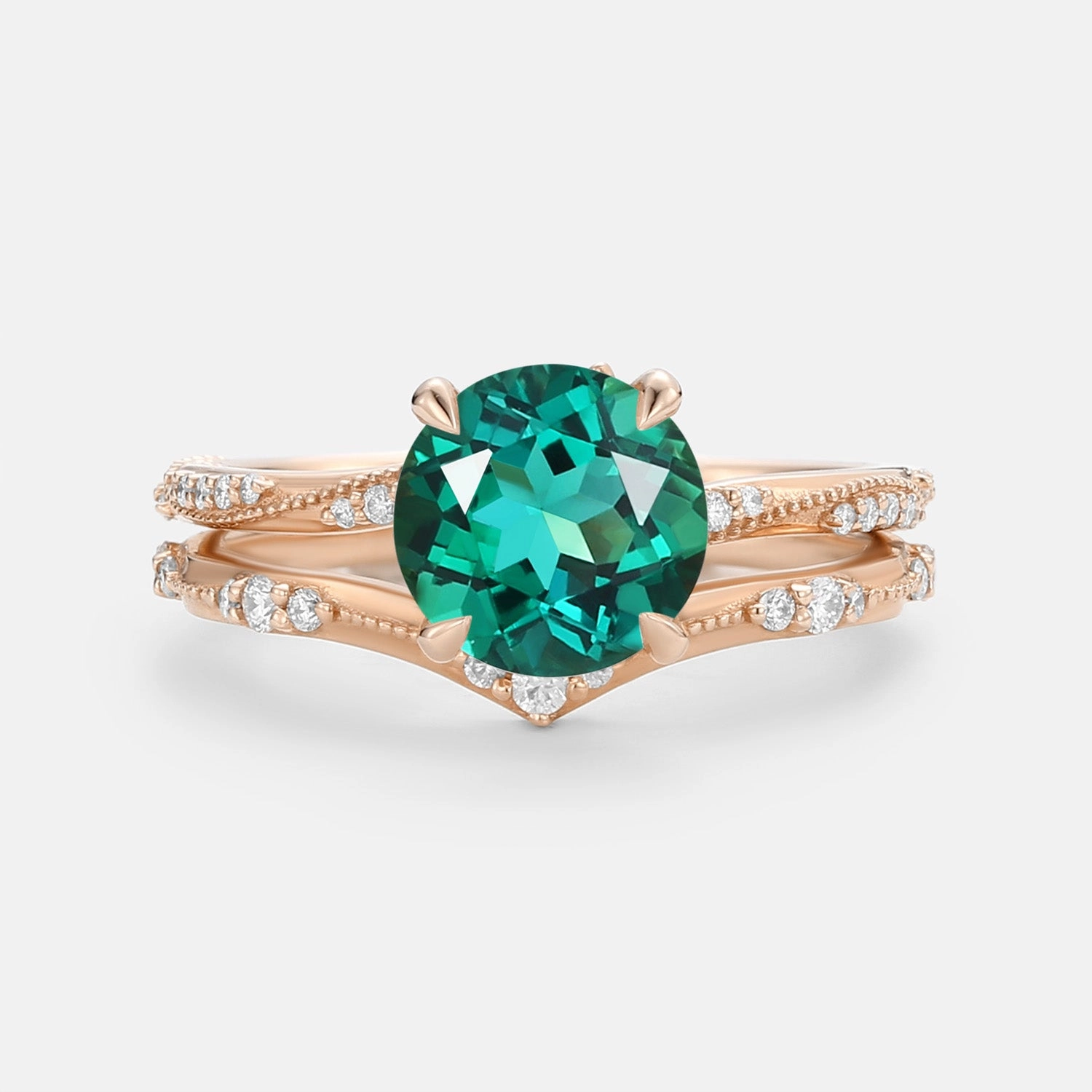 Trendy Touch Lab Emerald Round Cut Ring Set 2pcs - Verdure