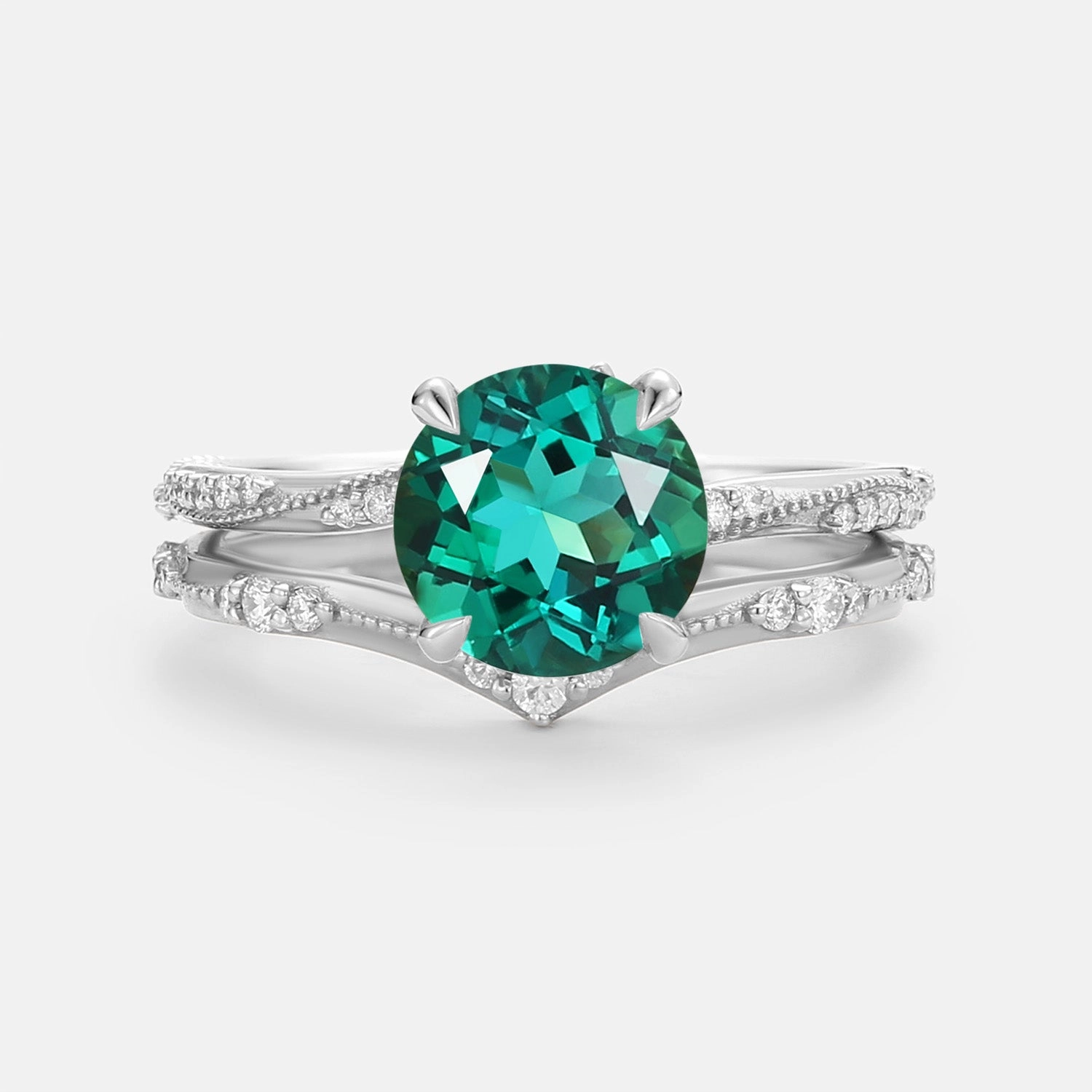 Evening Accessories Fashion Accessories Lab Emerald Round Cut Ring Set 2pcs - Verdure