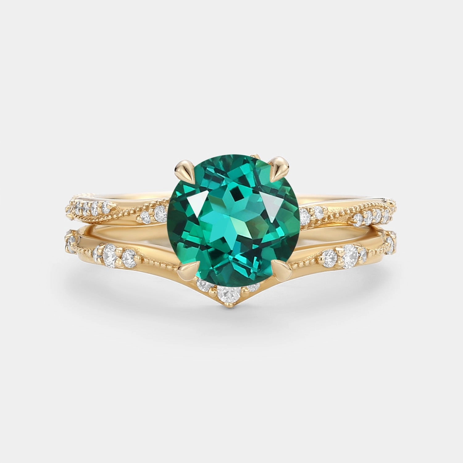 Lab Emerald Round Cut Ring Set 2pcs - Verdure Crafted Accent