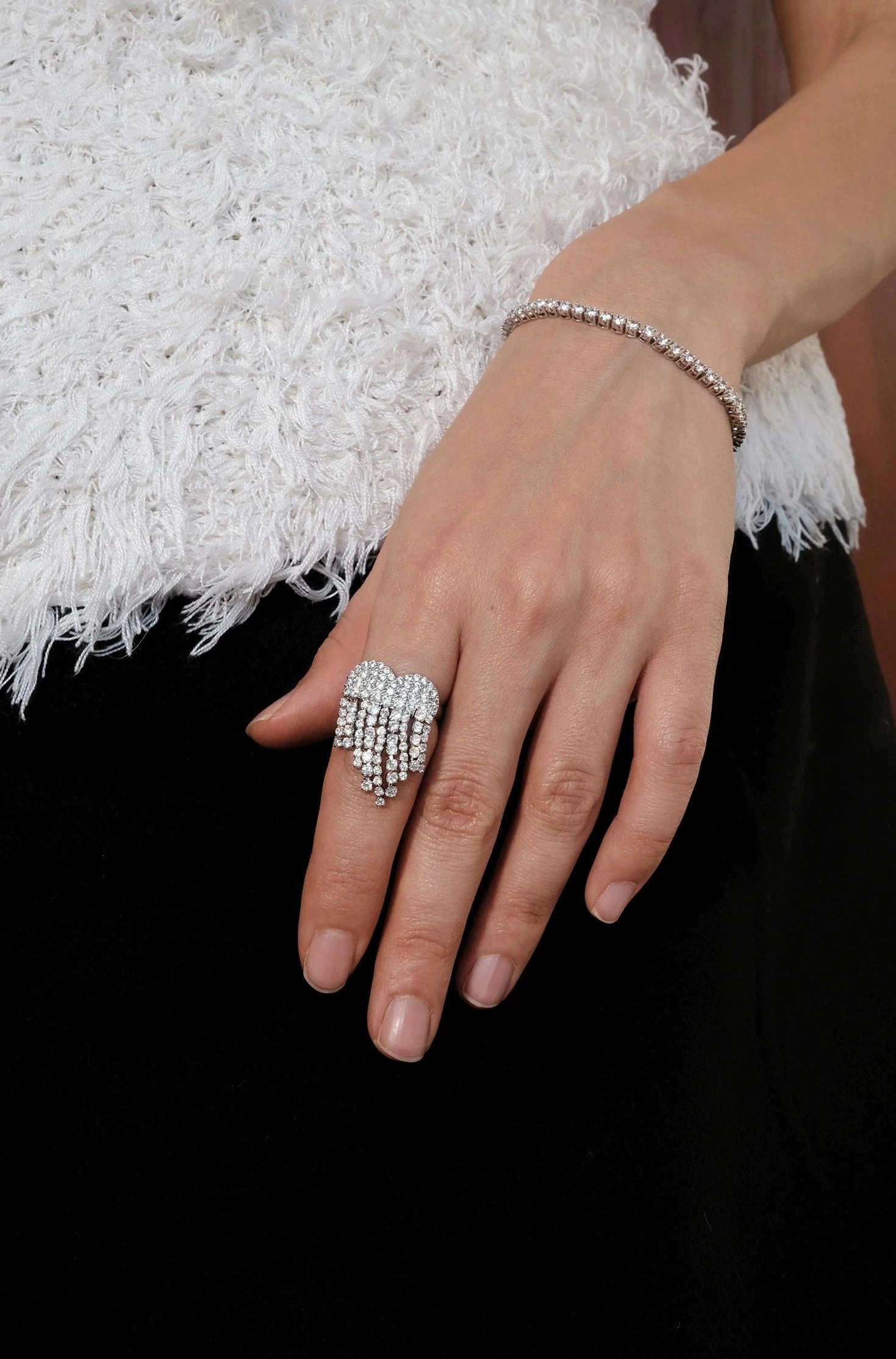 Luxury piece Waterfall Tassel CZ Ring Open Silver