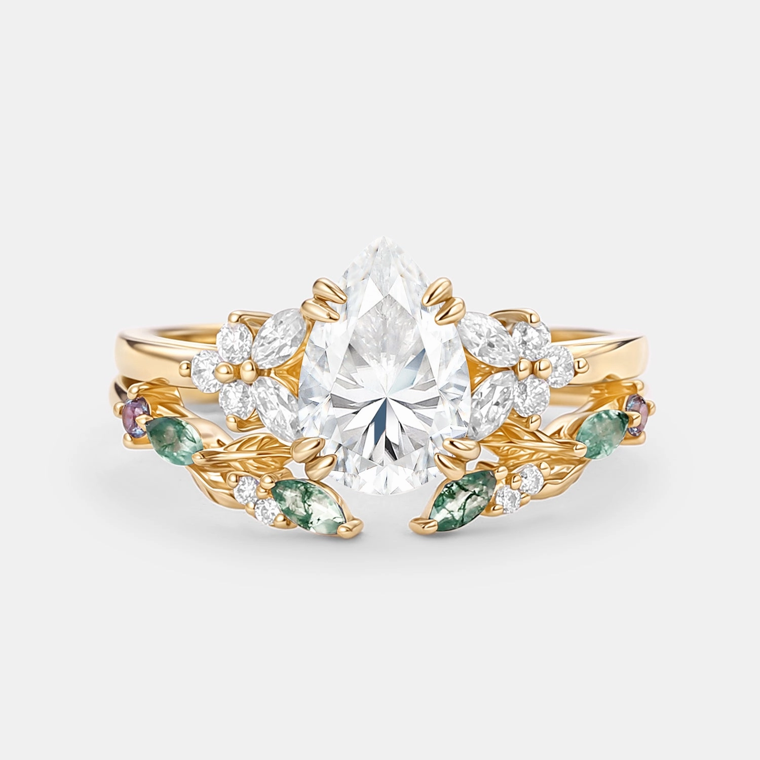 Comfort Fit Pear Shaped Moissanite Leafy Chevron Gold Ring Set 2pcs - Chloris
