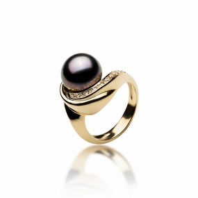 Tahitian Black Pearl Ring in Gold with Diamonds - 10-11mm Shiny Decoration