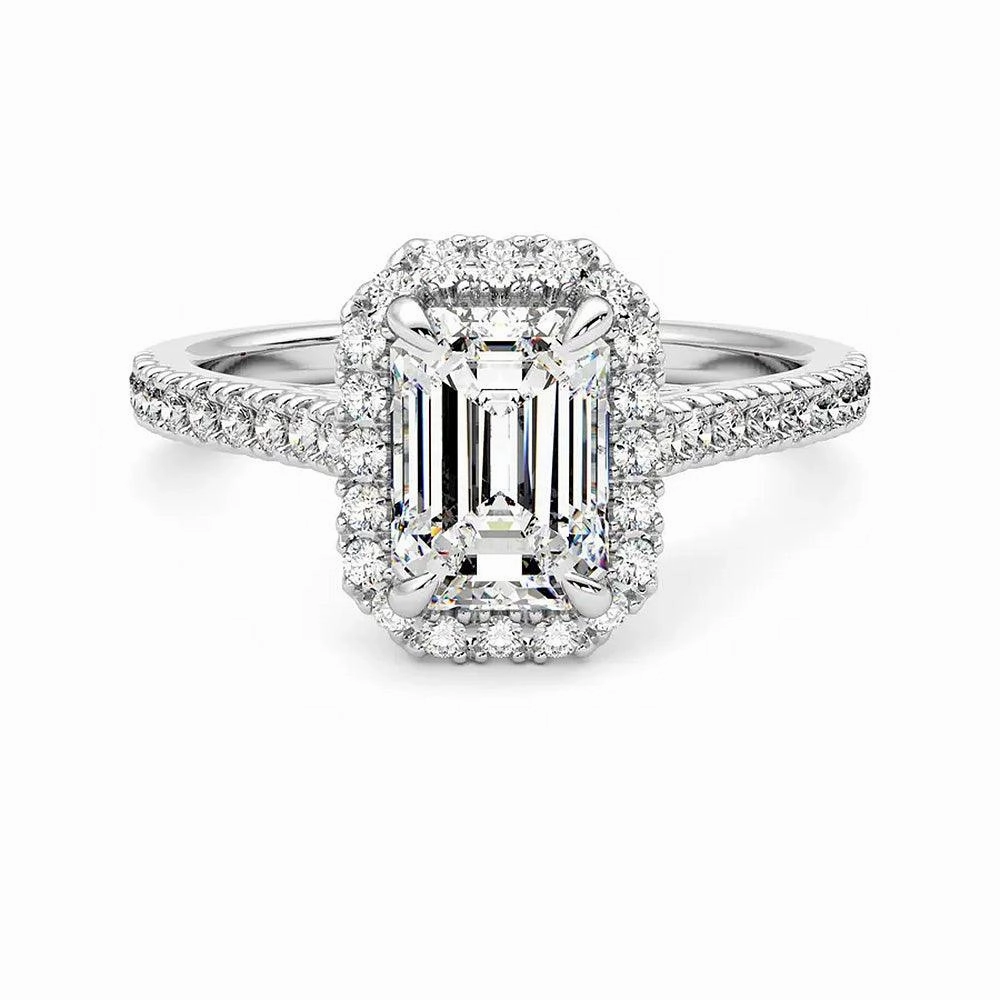 Modern Form Emerald Cut Halo Moissanite Engagement Ring with Hidden Anniversary Stone Accent