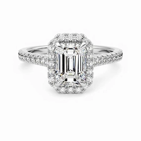 Emerald Cut Halo Moissanite Engagement Ring with Hidden Anniversary Stone Accent Brilliant Detail Evening Detail