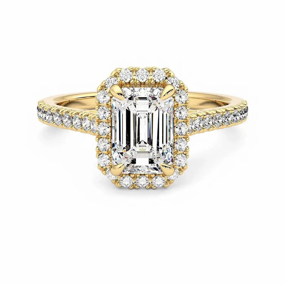 Emerald Cut Halo Moissanite Engagement Ring with Hidden Anniversary Stone Accent Fresh Touch