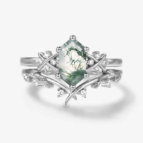 Chic Form Fashion Accessory X-Band Long Hexagon Moss Agate Leafy Engagement Ring Set 2pcs