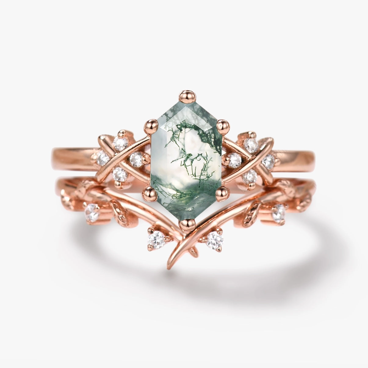 Delicate Vibe Sleek Look X-Band Long Hexagon Moss Agate Leafy Engagement Ring Set 2pcs