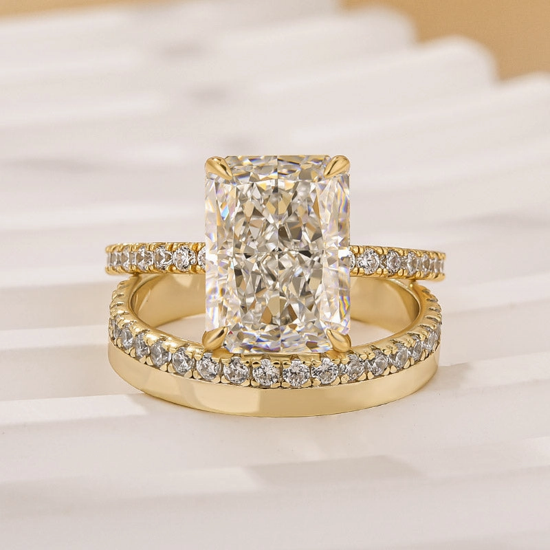 Creative Design Event Look Yellow Gold 4.5Ct Radiant Cut Wedding Ring Set With Wide Wedding Band