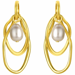 Yellow-Tone Sterling Silver Interlocking Oval Freshwater Cultured Pearl Drop Earrings Classic Ornament Pretty Choice