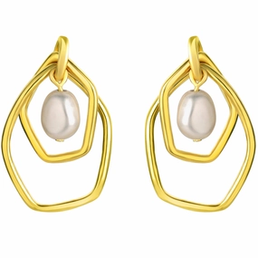 Yellow-Tone Sterling Silver Organic Circlets Freshwater Cultured Pearl Charm Drop Earrings Trendy Accessory Attractive Appearance